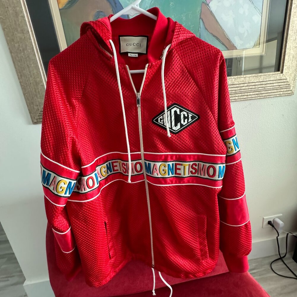 Gucci Red Mesh & Satin Magnetismo Stripe Trimmed Zip Front Hooded Jacket - Picture 8 of 14